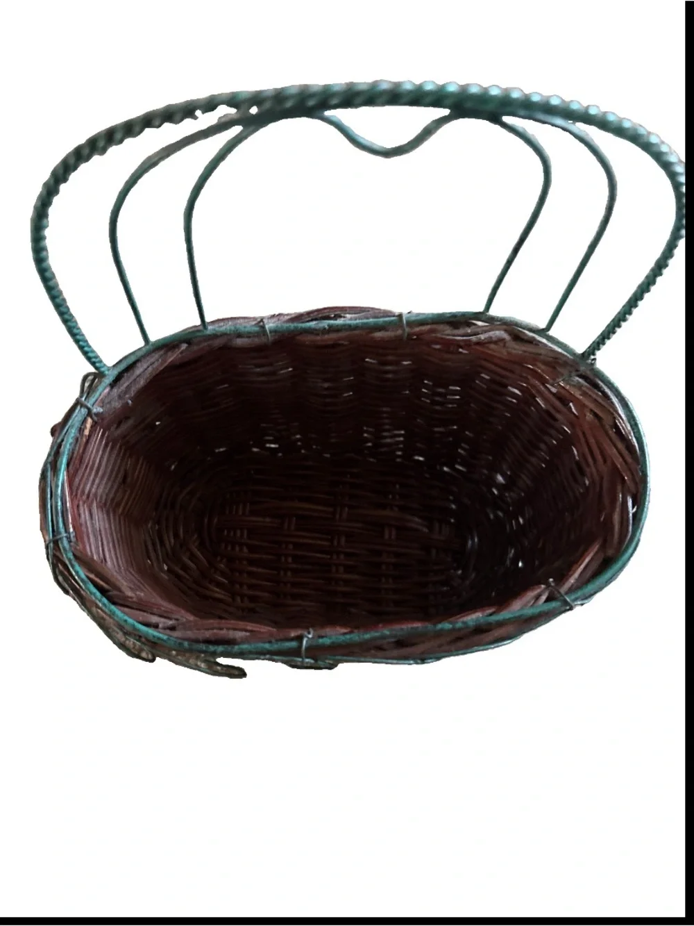 Brown Wicker Hanging Basket Green Patina Metal Leaves Cottagecore Farmhouse